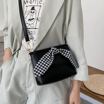 

Women Bow Shoulder Bags Thin PU Buckle 3 Colors Crossbody Plaid Shoulder Bags For Women 2020 сумка женская