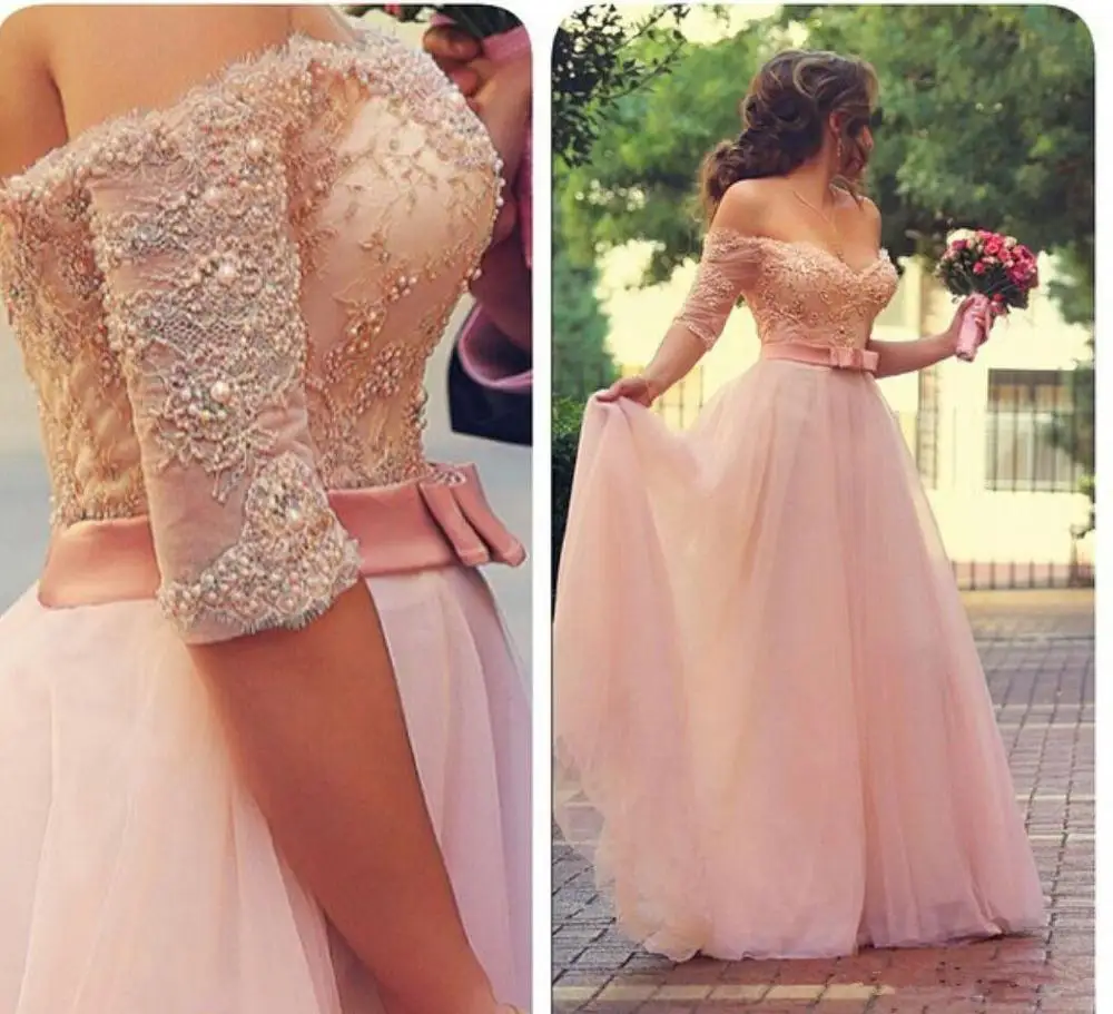 

Off-the-Shoulder Half Sleeve Evening Dresses 2020 Pink Lace Appliques Beading Peals Ruched Tulle Prom Dresses Formal Dresses