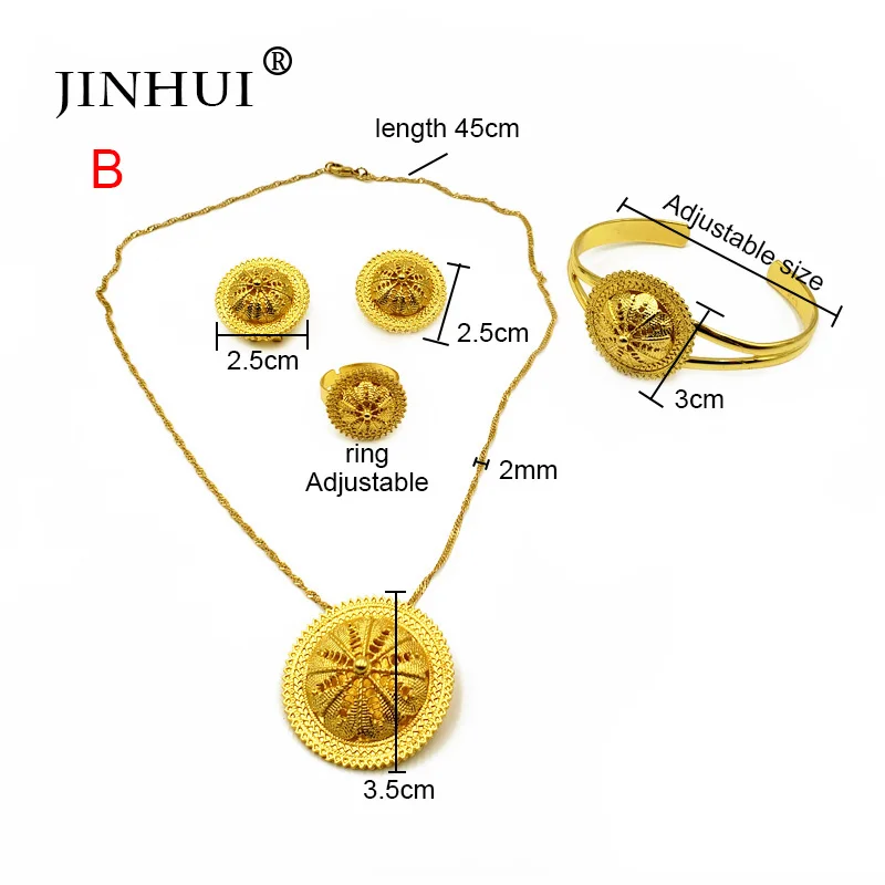 Jin Hui, новинка, эфиопские Ювелирные наборы, подвеска, ожерелье, серьги, кольцо, золотые подарки для женщин, африканская Эритрея, ювелирные изделия, свадебные подарки - Окраска металла: B