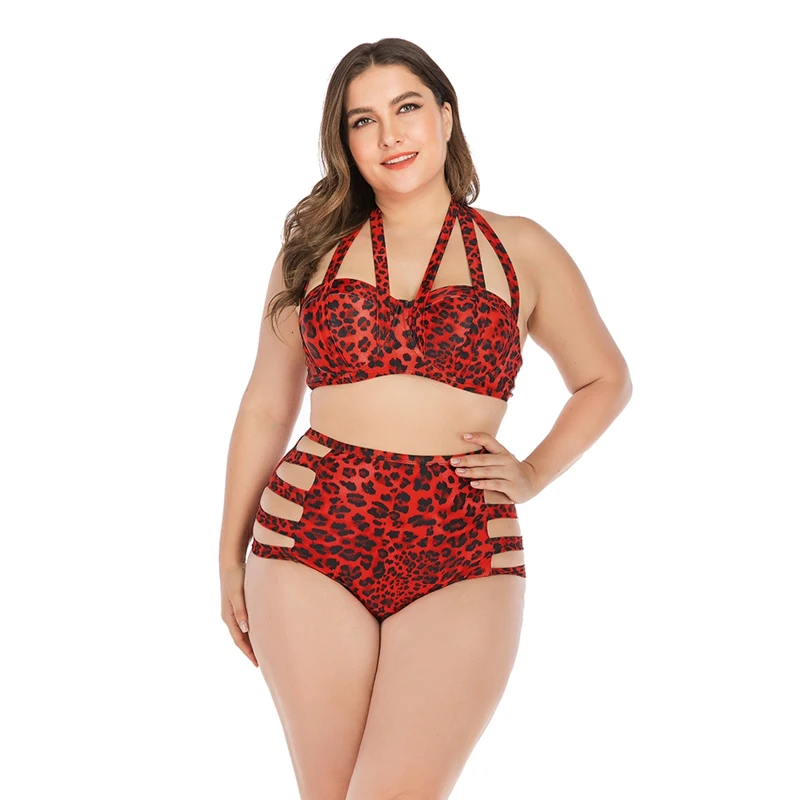 

Women Tankini Leopard Printed Halter Top High Waist Hollow-out Bikini Swimwear Lady Underwire Padded Bra Plus Size Swimsuit Beac