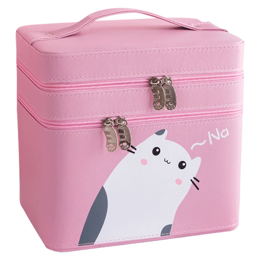 

New Fashion Woman Cute Cat claw PU Leather Cosmetic case Portable Double layer High capacity Makeup bag cosmetic Storage box