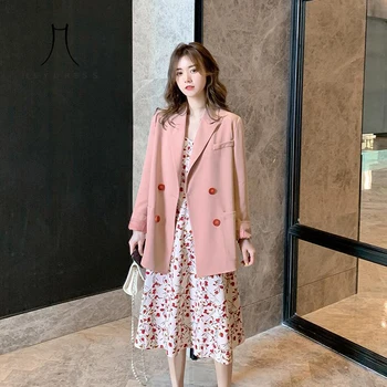 

Women 2020 Blazers Jackets Vintage Double Breasted Female Korean Blazers Casual Street Office Lady Pink Outwears