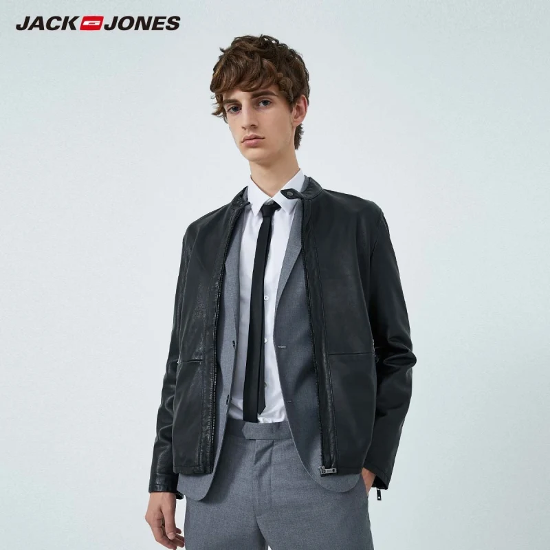 JackJones Men's Fashion Motorcycle Stand up Collar Pure Color Sheepskin  Leather Jacket| 219310507|Genuine Leather Coats| - AliExpress