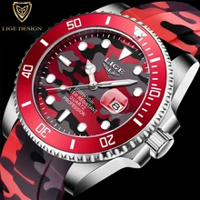 

2022 LIGE New Fashion Men Watches Top Brand Luxury Camouflage Quartz Wrist Watch Sport Red Silicone Watch for Men Reloj Hombre