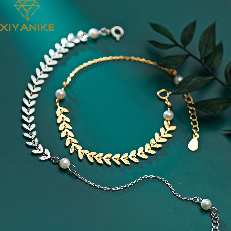 XIYANIKE 925 Sterling Silver Fashion Leaf Moonstone Bracelets Bangles For Women Couple Creative Geometric Handmade Party Jewelry | Украшения