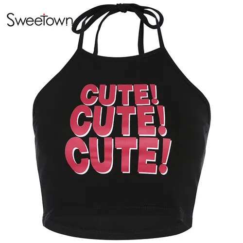 black Sweetown сексуальный тонкий женский короткий топ, бюстгальтер без косточек с буквенным принтом, милый летний модный топ без рукавов с бретельками на бретелях, вечерние Клубные Топы - Цвет: black
