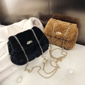 

Women Faux Fur Handbags Cute Winter Clutch Bag 2020 Ladies Purse Female Travel Plush Shoulder Bags Chain Winter Small Square Bag