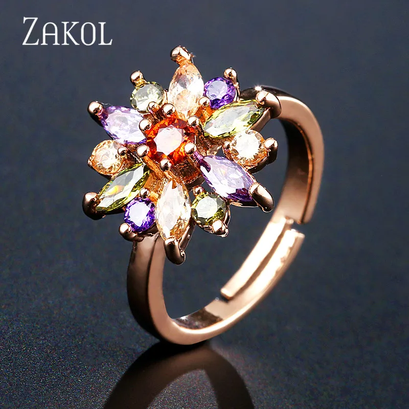 ZAKOL, модное розовое золото, цветок, кластер, прозрачный кристалл, цирконий, открытые кольца для женщин, свадебные ювелирные изделия Brincos FSRP2124
