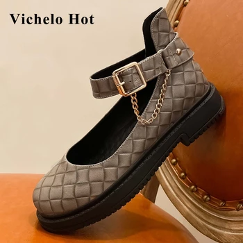 

Vichelo Hot sheep leather gingham chain decorations round toe high heels buckle strap gorgeous recommend maiden women pumps L50