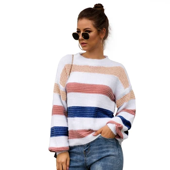 

Lugentolo Sweater Women Long Sleeve Loose Color Matching Autumn Winter New Casual Stripe Round Neck Street Lazy Cozy Sweater