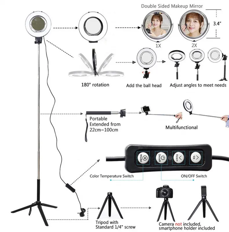 Кольцевой светильник с регулируемой яркостью, светильник с регулируемой высотой, селфи-Палка с usb-разъемом, 10 дюймов, 3200K~ 5500 K, мини-штатив, зажим для телефона для YouTube