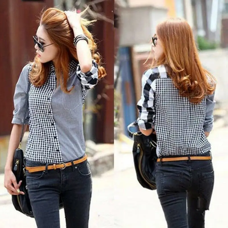 Women Retro OL Long Sleeve Graids Denim Shirt Casual Jean Blouse Tops Women Retro OL Long Sleeve Graids Denim Shirt Casual Jean Blouse Tops