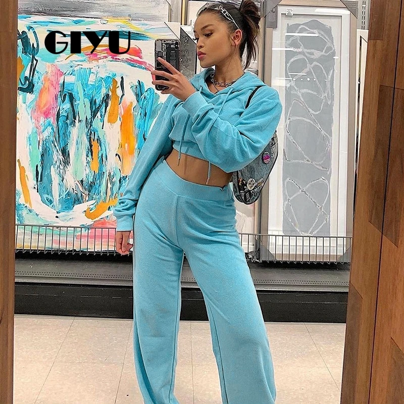 

GIYU Blue Women Crop Tracksuits High Waist Drawstring 2 Piece Set Casual Loose Hoodie Overalls ensemble femme 2019