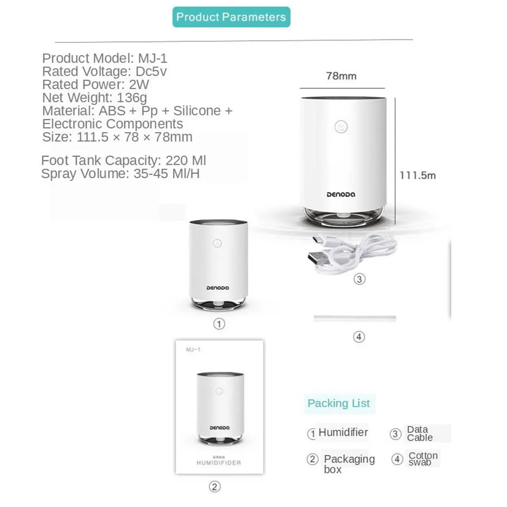 USB Mini Air Humidifier USB LED Night Lamp Home Office Mist Maker Refresher Small Cool Mist Humidifier for Home Car 220ml