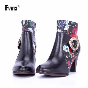 

FVMX 2020 The New classic Ladies fashion First layer cowhide Boots Girl Embossing Genuine Leather Splicing High Heel Women Shoes