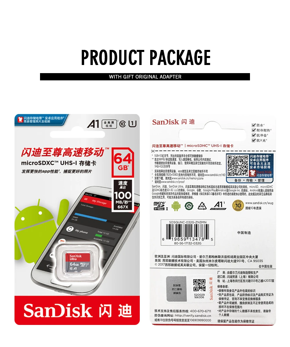 Original Sandisk micro sd card Class10 TF card16gb 32gb 64gb 128gb memory card for phone and table PC with adapter gift