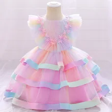 New Flower Girls Dresses Cap Sleeves Ball Gown Tulle Cake Pink Colorful Birthday Party Little Sweet Girls Special Pageant Gowns