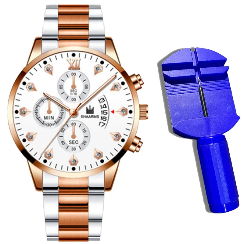2021 Luxury Brand SHAARMS Alloy Strap Men's Watch Diamond Waterproof Quartz Watch for Men's Analog Three-eye Calendar Male Clock 