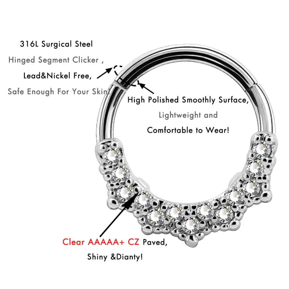 BODY PUNK 16G Cartilage Earrings Nose Septum Piercings Segment Clicker Daith Clear CZ Tragus Helix Stud Conch Body Jewelry Women