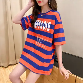 

Medium length T-shirt women's stripe loose Korean version net red short sleeve T-shirt women's ins fashion 2020 summer new style