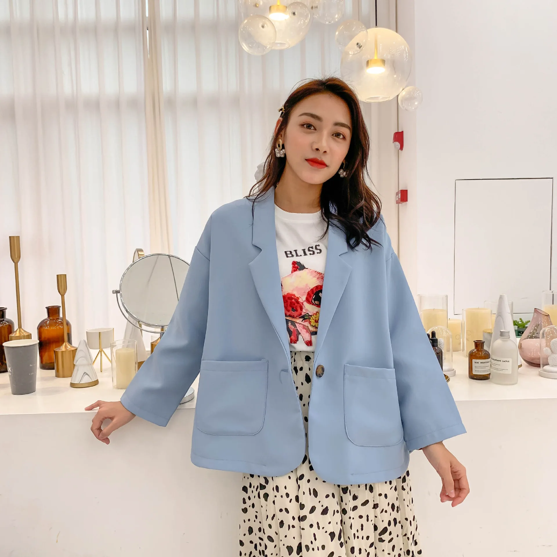 

2019 Spring Clothing New Style Korean-style V-neck One-Button Long Sleeve Casual Small Suit Women's CHIC Loose-Fit Elegant Coat