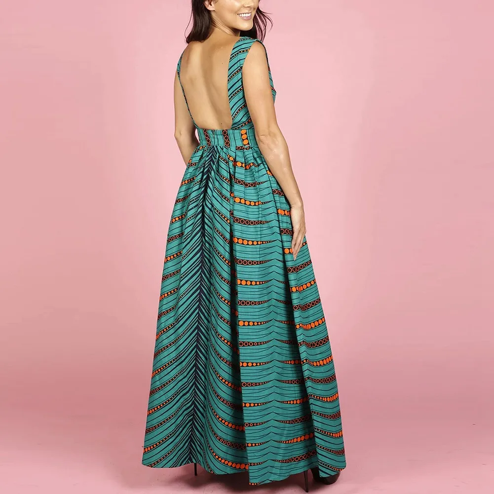 SUNGIFT Dashiki вечерние платья с круглым вырезом без рукавов сексуальное платье с открытой спиной и принтом африканская Роба длинное платье вечернее платье Vestidos