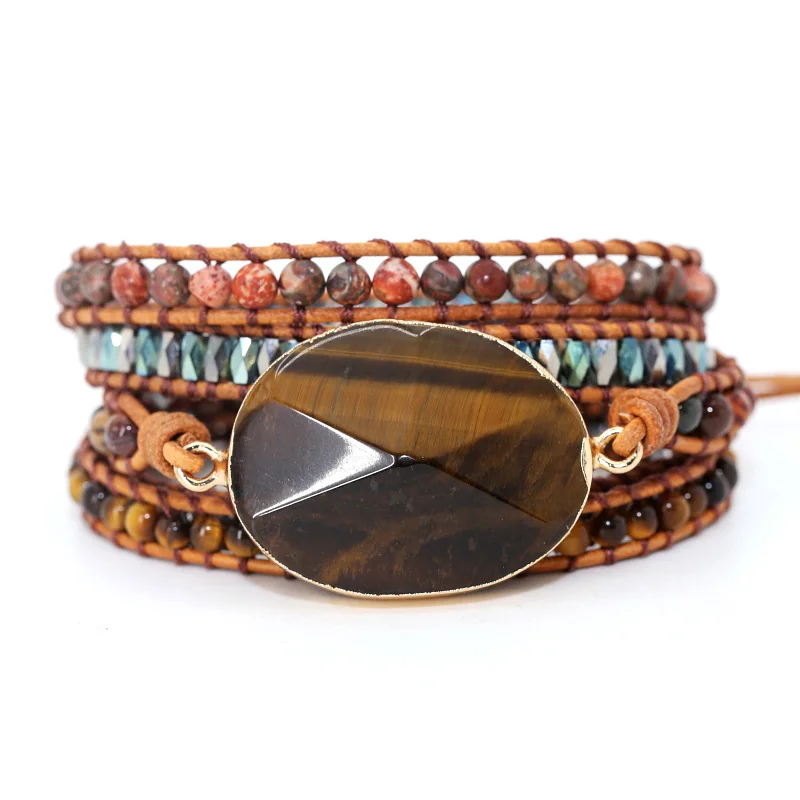 

2019 Women Tiger Eye Wrap Bracelets Boho Handmade 5 Strands Multilayers Natural Stones Beads Leather Bracelet