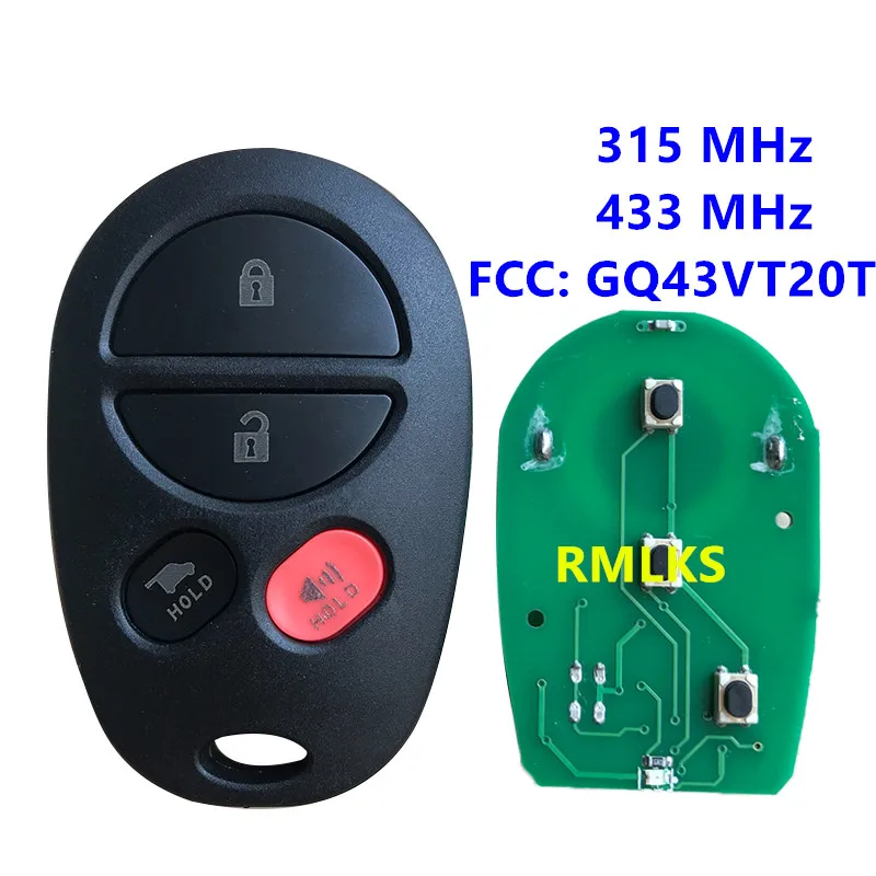 

315MHz 433MHz GQ43VT20T Replacement 4 Button Remote Car Key Fob For Toyota Tacoma Sienna Sequoia Highland 2005-2015