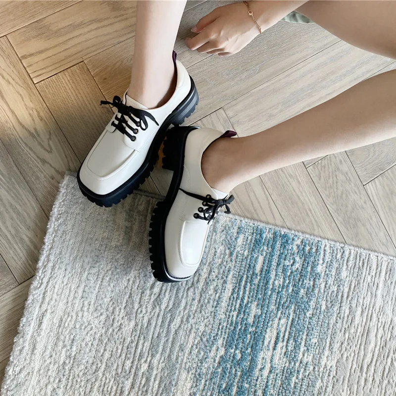 Preppy Style Women's Shoes Retro Flats Spring Female Loafers Thick Heels Platform Square Toe