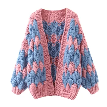 

Girls Contrast Knit Cardigan Jacket 2019 Fashion New Wave Pattern Puff Sleeve Thick Wool Colorful Sweater Cardigan Jacket Lazy W