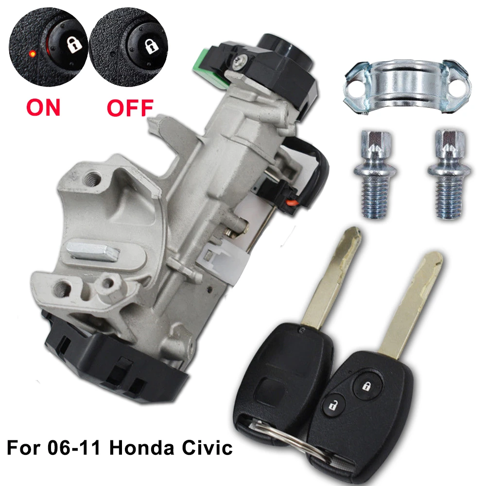 2 KEY New Ignition Switch Cylinder Lock Auto Trans Fit for 06-11 Honda Civic