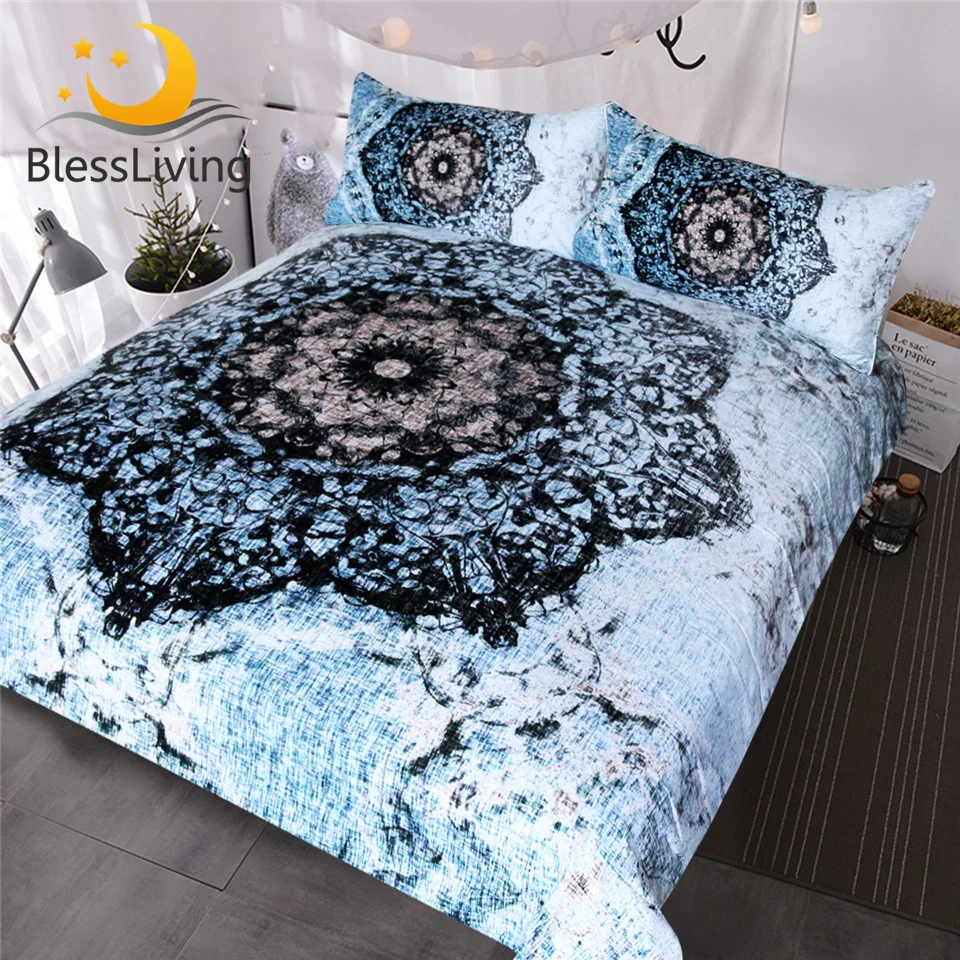 

BlessLiving Mandala Bedding Set Black and Blue Duvet Cover Set Floral Printed Bed Cover for Adults Flower Bedclothes Double