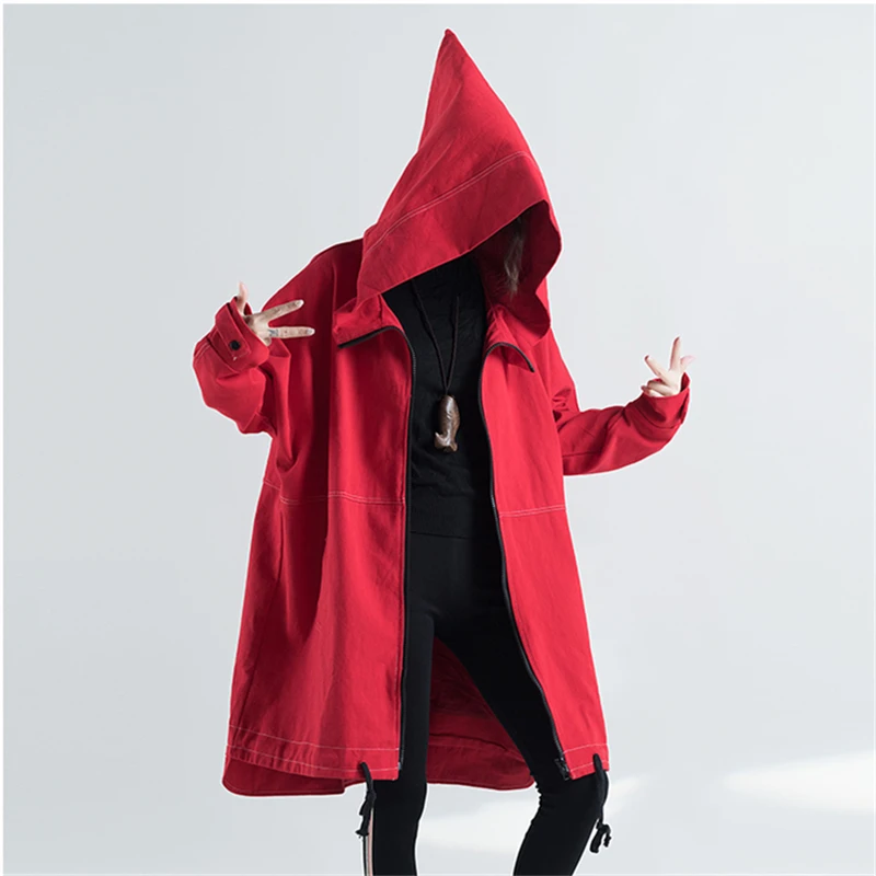 

Long Women Trench coat plus size Fashion Casual Solid Hooded Coat Spring Autumn Loose Oversized Windbreaker Women Outerwear 4XL