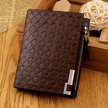 

Fashion Plaid designer Cowhide Leather men wallets Korean style zipper wallet Short Standard Wallets with Coin purses pockets