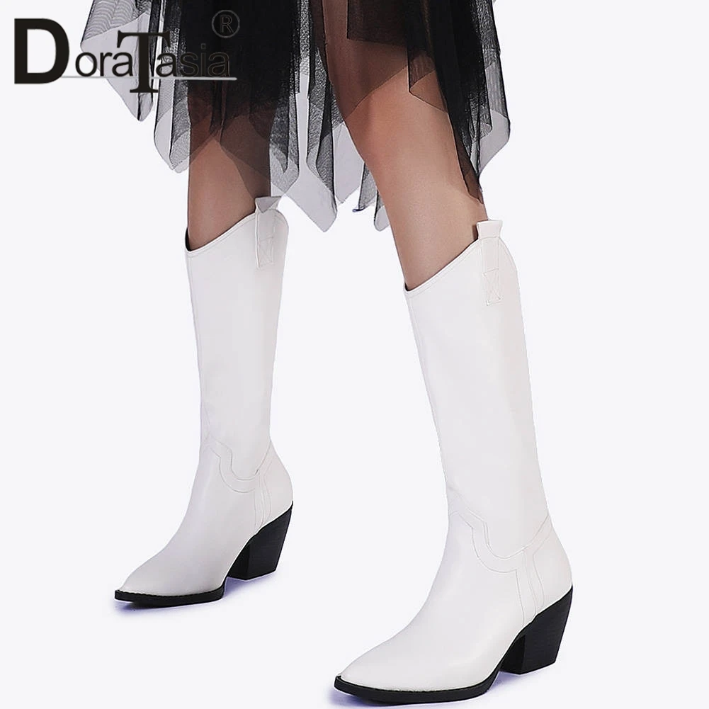 

DORATASIA Plus Size 33-45 Brand INS Hot Western Boots Women Pointed Toe Lady High Chunky Heels Shoes Woman Winter mid-calf Boots