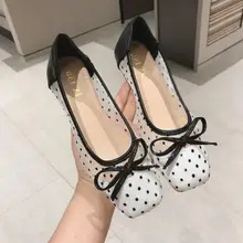 Черные/белые летние туфли в горошек; кружево с вышивкой; женские милые удобные сетчатые туфли на плоской подошве с бантом; Эспадрильи с квадратным носком; обувь из органической кожи; женские мокасины