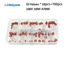 10 значений 100 шт. Конденсатор CBB комплект метализированная пленка конденсаторы кабельные наконечники в наборе для 10nF~ 470nF 22NF 47NF 100NF 0,47 мкФ 0,1 мкФ