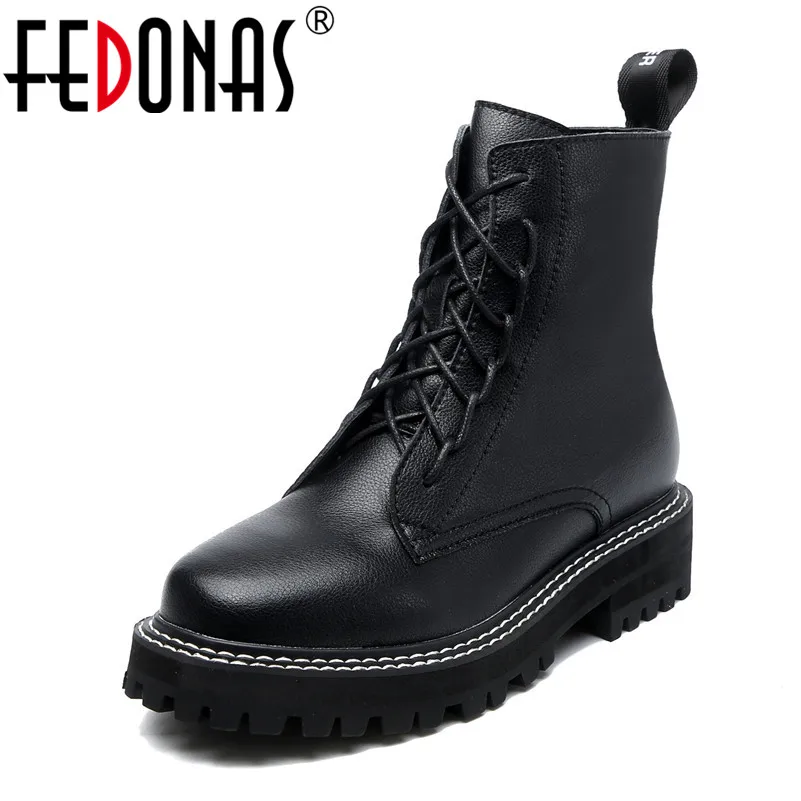 

FEDONAS Black Women Ankle Boots Genuine Leather Motorcycle Boots Night Club Platform Shoes Woman Autumn Winter Warm Zipper Boots