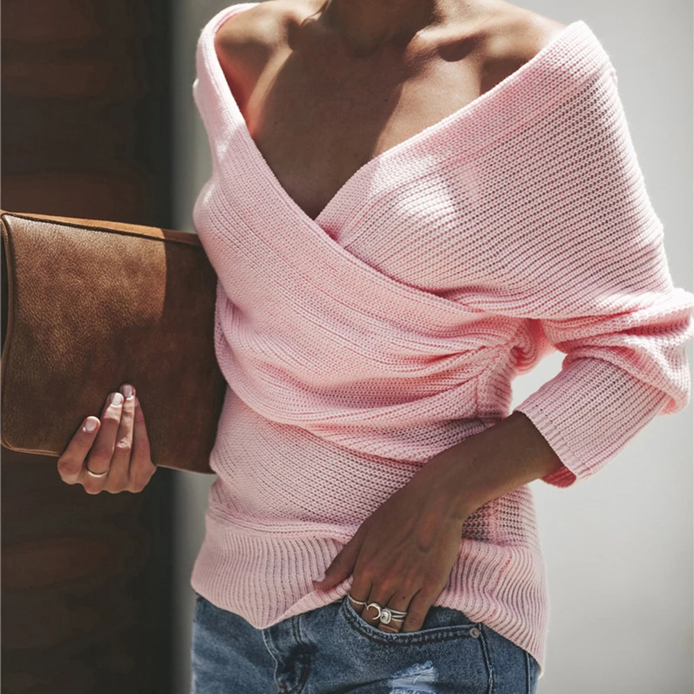 Женские свитера с открытыми плечами, сплошной цвет, длинный рукав, вязаный пуловер, свитер, зимние сексуальные свободные джемперы с глубоким v-образным вырезом, Sueter Mujer - Цвет: Розовый