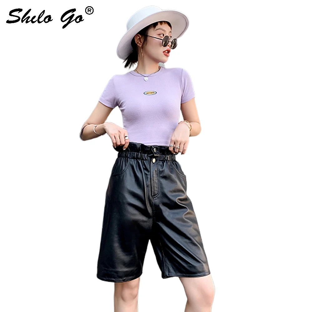 Knie Lengte Lederen Broek Vrouwen Herfst Zwart Casual Solid Ruches Hoge Taille Knop Front Schapenvacht Lederen Korte Broek