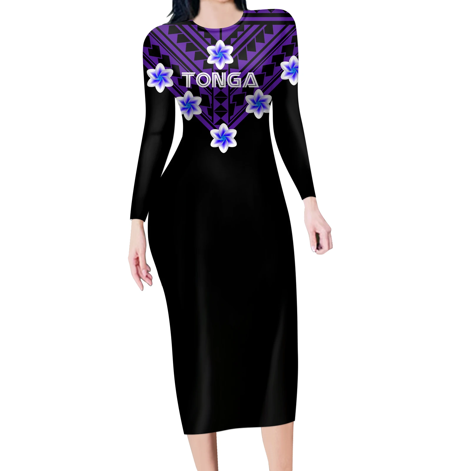 

HYCOOL-Tonga Themed Party Pencil Black Dress for Women, Elegant Casual Bodycon, Shirt Dress, Long Sleeve, Polynesian Dress, New
