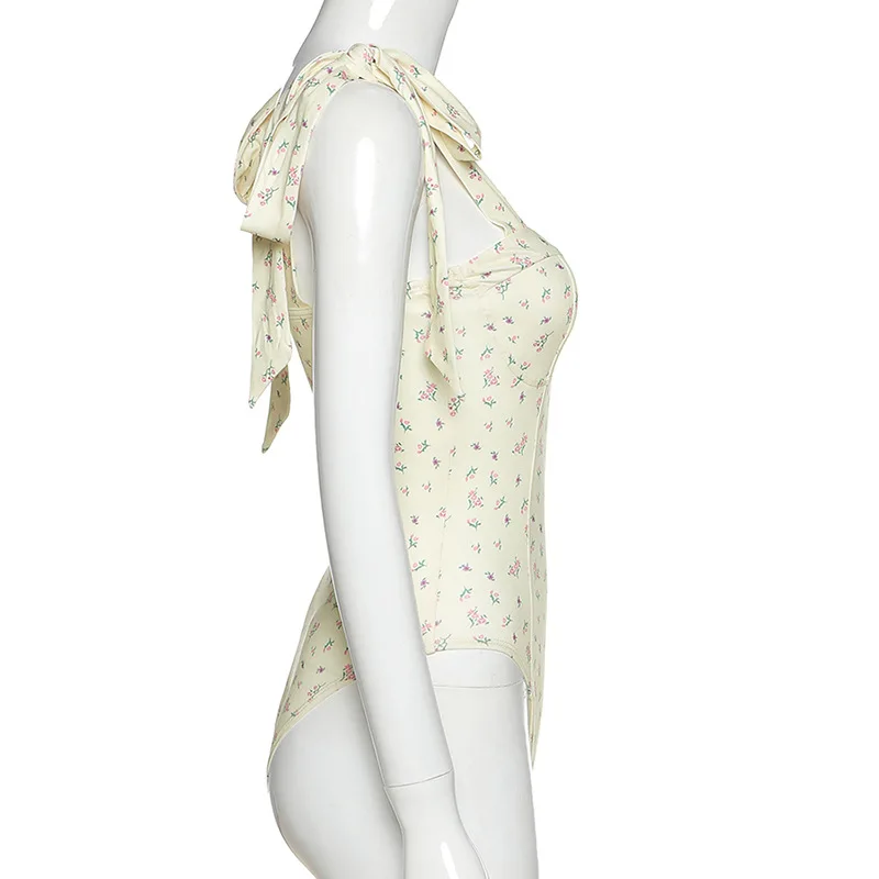 Yissang Print Floral Lace Up Bow Summer Bodysuit Women Backless Straps Corp Top Short Jumpsuit Sexy Playsuit Beach Wear Mujer