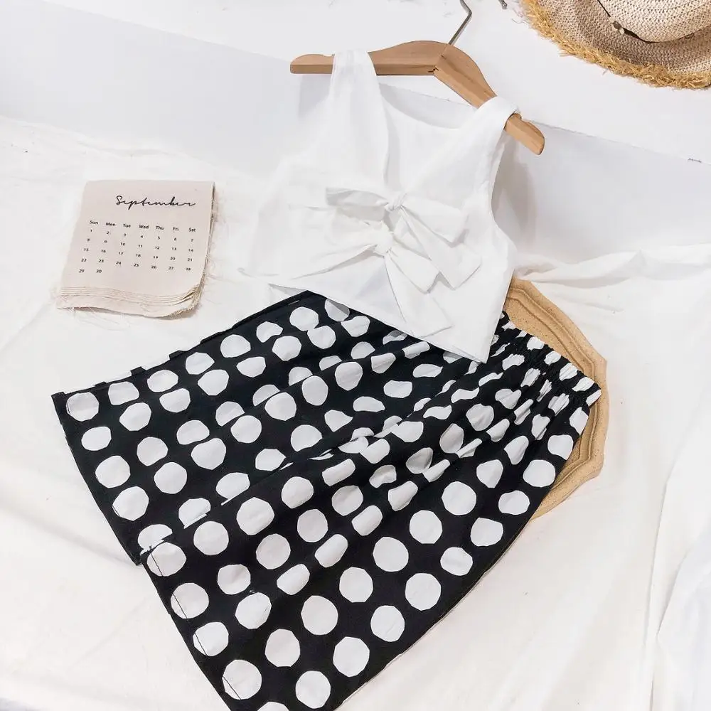 

Summer Girls' Clothing Sets Fashion Bowknot Vest + Polka Dot Wide Leg Pants 2Pcss Suits Baby Kids Outfits Suit Children Clothing