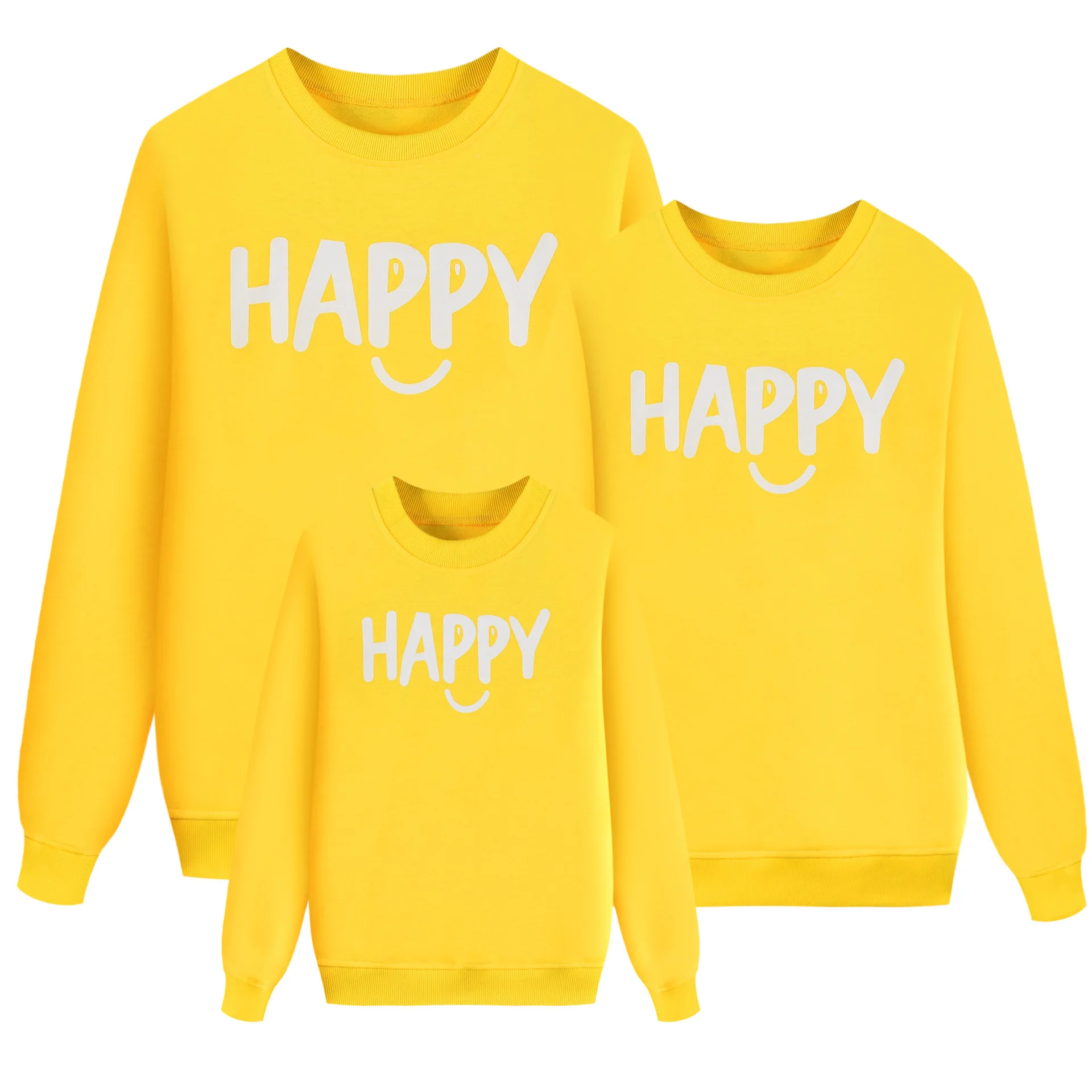

Family Christmas Sweaters 2019 Winter Mom Father Daughter Son HAPPY Yellow Print Sweatshirts Mother And Me Family Look Clothes