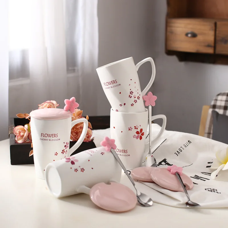 

350ml Creative Ceramic Mug Japanese Cherry blossoms coffee cups Couple FLOWERS Mugs with lid spoon Teacup Valentine's Day gift