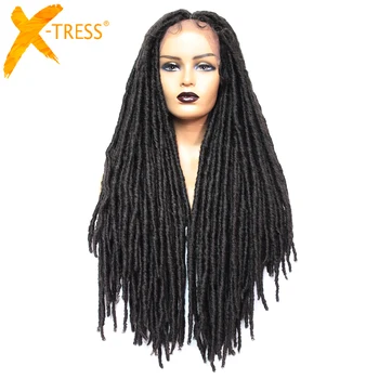 

X-TRESS Dreadlock Synthetic Hair Wigs For Black Women Faux Locs Crochet Braid Long Hairstyle Black Brown Colored Lace Front Wig
