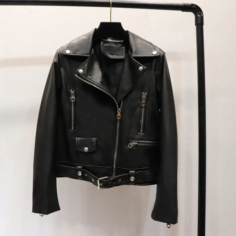 

Nh97 New Style Spring And Autumn Slim Fit Slimming Handsome Biker Jacket Women's Short Belt Versatile Pu Small Leather Coat