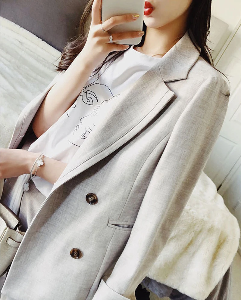 Women Pant Suits Notched Collar Blazer Jacket& Elastic Waist Pants Office Wear Women Suits Autumn 2 Pieces Set