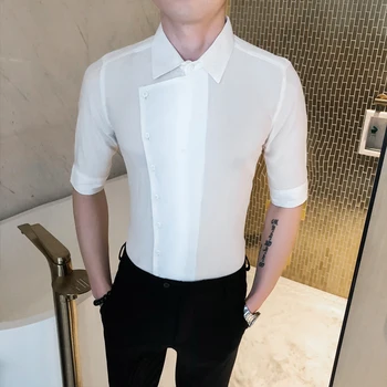 

2020 Summer Casual Slim Fit Shirt Men Short Sleeve Solid Color Business Dress Shirts Streetwear Social Blusa Camisa Masculina