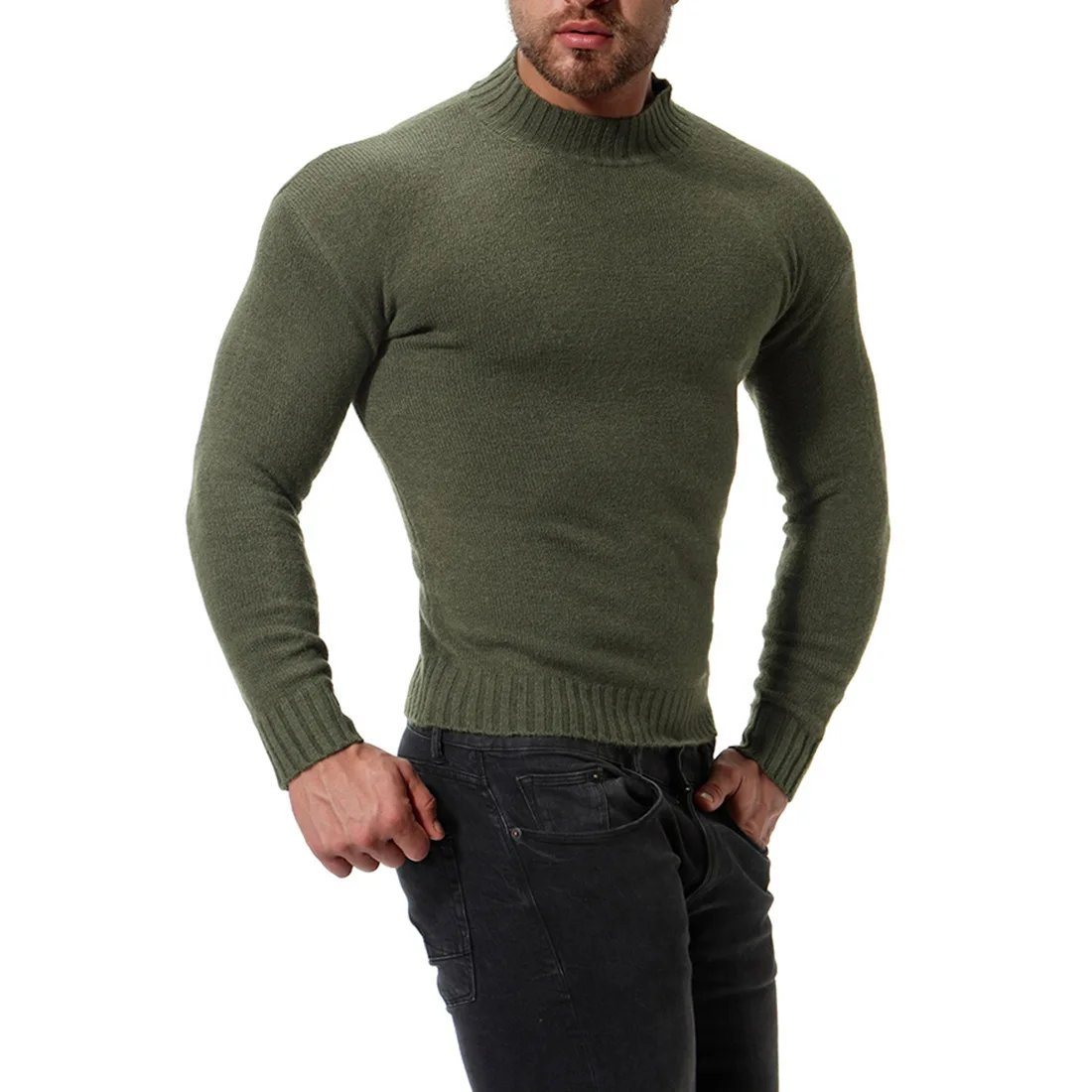 

2018 Autumn & Winter New Style Men High Collar Slim Fit Base Shirt Solid Color Knitted Sweater Xym007